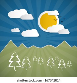 Vector Background with Paper Sky, Sun, Hills, Trees
