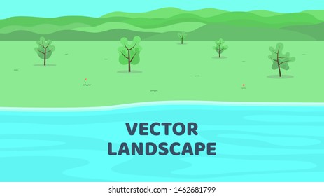 Vector background.  Park near the water in a flat style.  Ecological concept.  A simple background with a place for the inscription