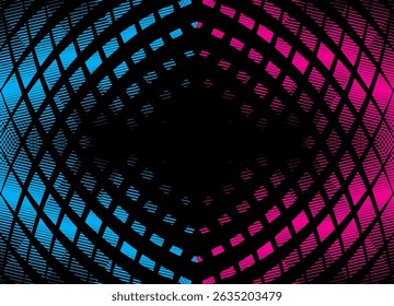 Vector background with a pattern of abstract pixels and lines of blue and purple colors on a black background. Modern design element with optical effect. Light, neon. For covers, advertising, posters,