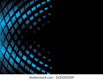 Vector background with a pattern of abstract pixels and lines of blue color on a black background. Modern Design element with optical effect. Light, neon. For covers, advertising, posters, web
