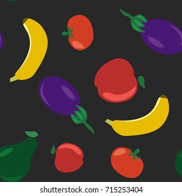 Vector background pattern with banana, apple, pear, tomato and eggplant.