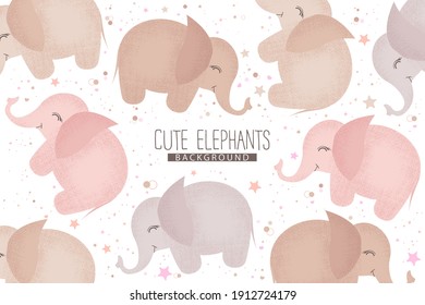 Vector background with pattern from cute hand drawn elephants isolated on white background. Animal design for print, fabric, card, wallpaper, packaging, baby shower
