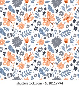 Vector background pattern with flowers. butterflies, leaves. Spring surface seamless pattern design.