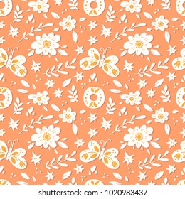 Vector background pattern with flowers. butterflies, leaves. Spring surface seamless pattern design.
