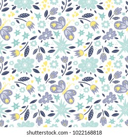Vector background pattern with flowers. butterflies, leaves. Spring surface seamless pattern design.