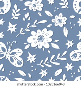 Vector background pattern with flowers. butterflies, leaves. Spring surface seamless pattern design.
