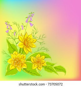 Vector background, pattern with flowers narcissuses on pink and green