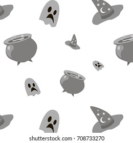Vector background pattern with ghost, magic boiler and wizard hat.