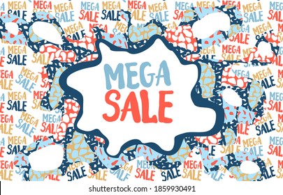 Vector background pattern with hand drawn supermarket trolleys with mega sale lettering and shopping bags. Great background for sales and promotions design. Digtle illustration