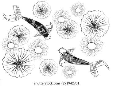 Vector background pattern with koi fish and lilies