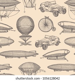 Vector background pattern with steampunk hand drawn airships, bicycles and cars illustration