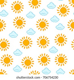Vector background pattern with sun and clouds.