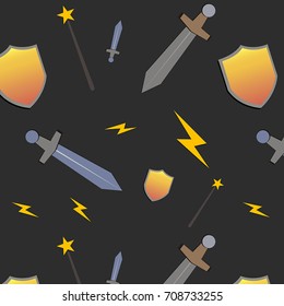 Vector background pattern with sword, shield, flash and magic stick.