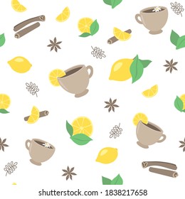 Vector background, pattern, tea, lemon, cinnamon, chamomile. Flat hand drawn illustration tea ceremony, market, prints, banner, t-shirt, textiles.