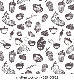 Vector background pattern in a watercolor style. Autumn oak leaves and acorns. 