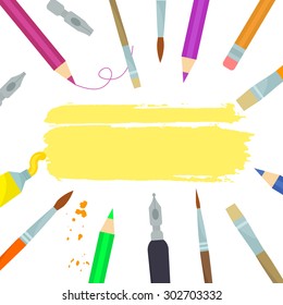 Vector background with pen, pencils and brushes. Elements for design. Yellow, green, pink, orange, brown, blue colors.