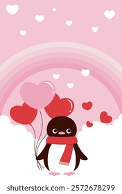 vector background with a penguin with heart balloons in the sky for Valentine's Day, wedding, etc.