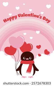 vector background with a penguin with heart balloons in the sky for Valentine's Day, wedding, etc.