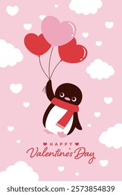 vector background with a penguin with heart balloons in the sky for Valentine's Day, wedding, etc.