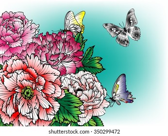 Vector background peonies and butterflies