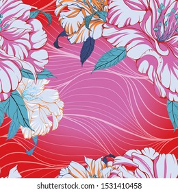 Vector background. Peony flowers - decorative composition. Seamless pattern. Wallpaper. Use printed materials, patterns on fabrics, posters, postcards, packaging.