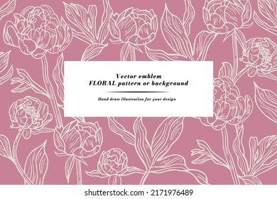 Vector background with peony flowers in vintage style. Horizontal floral card with frame for text