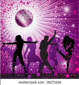 Vector background with people dancing in night-club, disco-ball and glitters