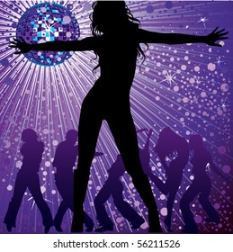 Vector background with people dancing in night-club, disco-ball and glitters