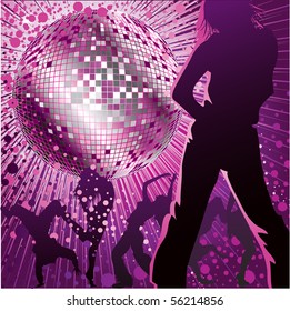 Vector background with people dancing in night-club, disco-ball and glitters