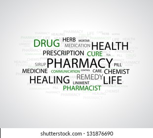 Vector background - pharmacy related words on white
