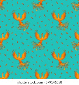 Vector background with phoenix.  Seamless pattern for web pages, wallpaper, tablecloth, packaging, wrapping paper, textile, background for invitation card or holiday decor.