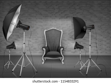 Vector background, photo studio with empty armchair and gray brick wall, lamps, umbrella diffuser and softboxes on tripods. Room mockup with modern lighting equipment for professional photography