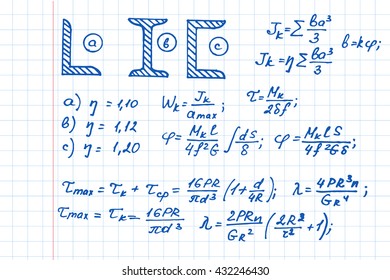 Vector background with physics formulas and equations on notebook page.