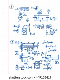 Vector background with physics formulas and equations on notebook page. School notation.