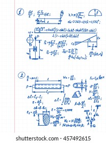 Vector background with physics formulas and equations on notebook page. School notation.