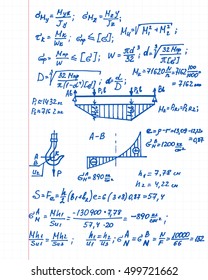 Vector background with physics formulas, equations and schemes on notebook page. College notation. Education illustration.
