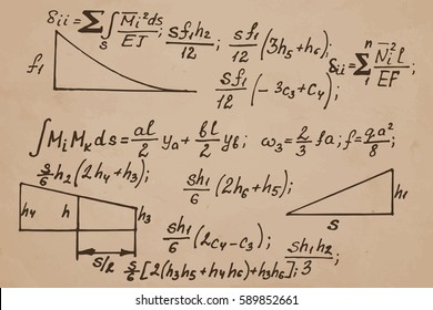 Vector background with physics formulas and equations on kraft paper. Old college notation. Educational and scientific vintage background.