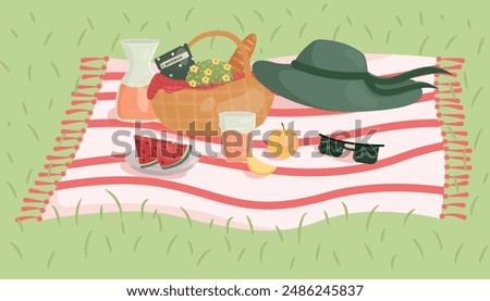 vector background with picnic, basket with flowers and notepad, blanket, food and juice.