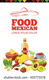 vector background picture with Mexican traditional food. Meat, avocado, tequila. Illustration isolate on white background