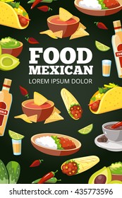 vector background picture with Mexican traditional food. Meat, avocado, tequila. Illustration isolate on dark background