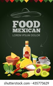 vector background picture with Mexican traditional food. Meat, avocado, tequila. Illustration isolate on dark background