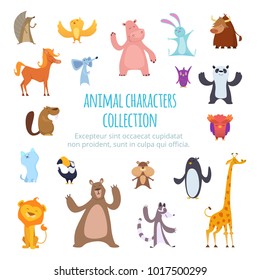 Vector background pictures with different cartoon animals. Wild exotic giraffe and bear, bull and horse illustration
