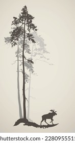 Vector background with a piece of the forest. Elk and pines
