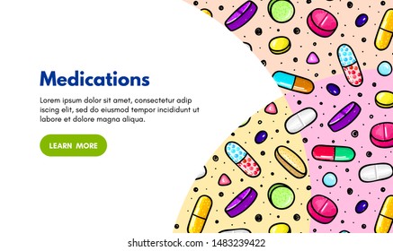 Vector background with pills and capsules. Medicine or dietary supplements. Doodle. Design for clinics, hospitals, pharmacies. Online store. Landing page template, banner, mailing, advertising, label