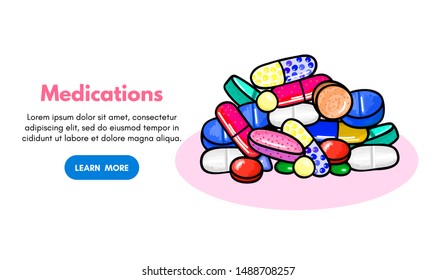 Vector background with pills and capsules. Medicine or dietary supplements. Doodle. Design for clinics, hospitals, pharmacies. Online store. Landing page template, banner, mailing, advertising, label