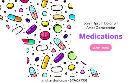 Vector background with pills and capsules. Medicine or dietary supplements. Doodle. Design for clinics, hospitals, pharmacies. Online store. Landing page template, banner, mailing, advertising, label