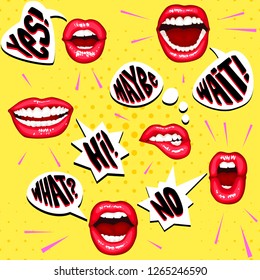 vector background in pin up style with bright wet lips with red lipstick. bubbles with different short phrases and lips on bright yellow background with dots