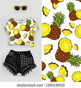 Vector background of pineapple. Vector illustration. Short top with fruits and shorts, feminine stylish look for summer. Summer outfit, glasses and shoes. Fashion & Style.