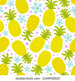 Vector background with pineapples and frangipani flowers. Tropical seamless pattern.