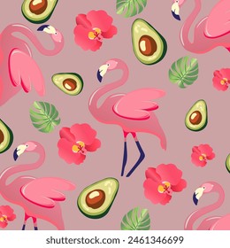 vector background of pink color with flamingos, tropical leaves and avacado png